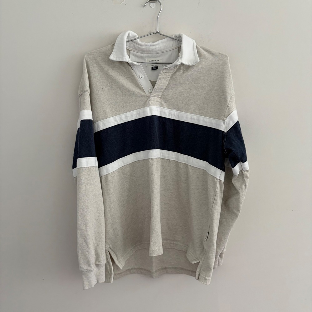 American Eagle Mens Super Soft Long Sleeve Rugby Shirt Tan Navy Medium